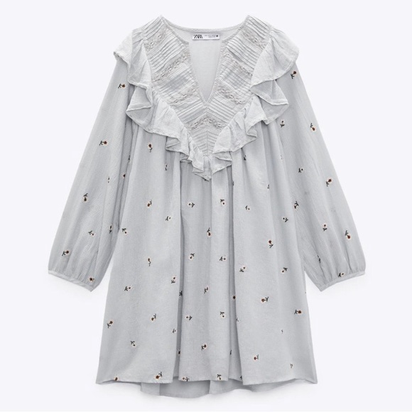 NEW Zara Light Blue Daisy Floral Embroidered Ruffle Neckline Cotton Mini Dress S - Picture 4 of 10